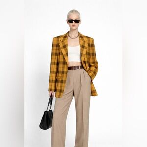 VINTAGE - Mustard Plaid Wool Blend Blazer Coat | Oversized Tailored Jacket